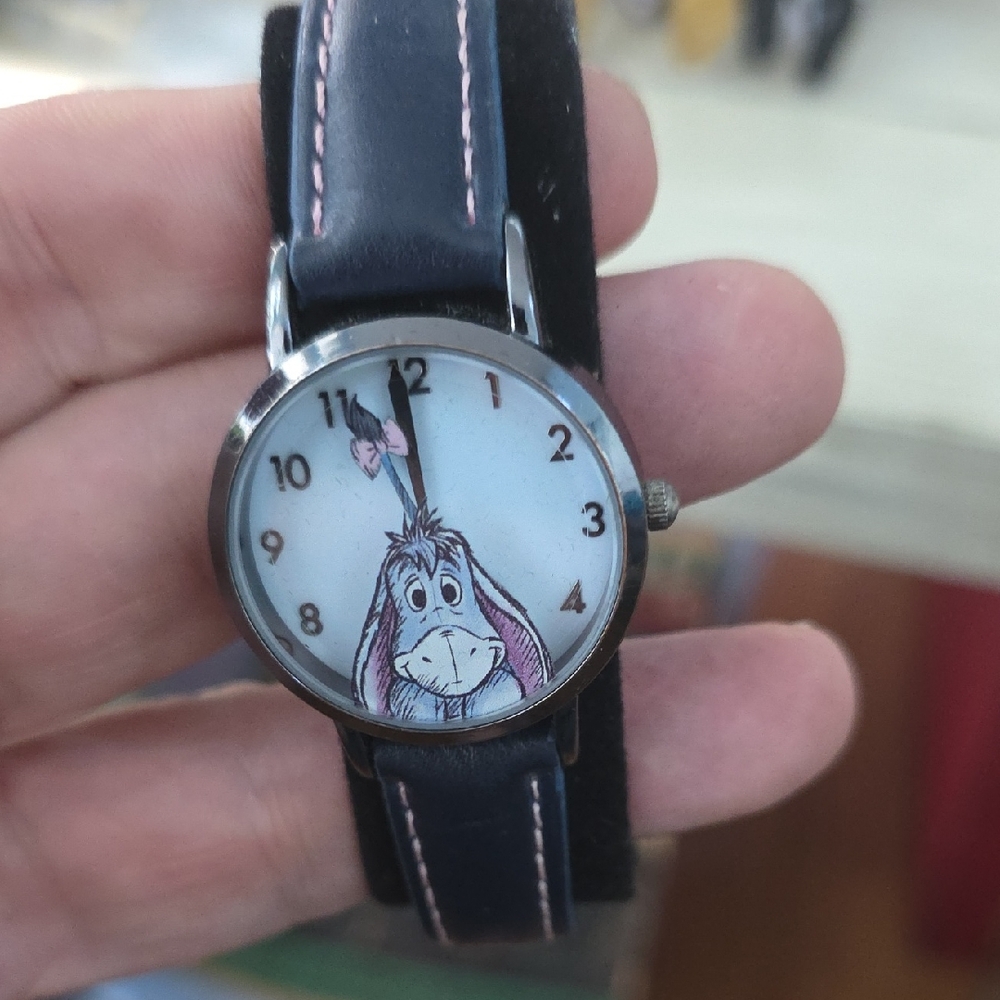 Disney Black and Silver Watch with Eeyore Design -His Tail Is The Seconds Hand